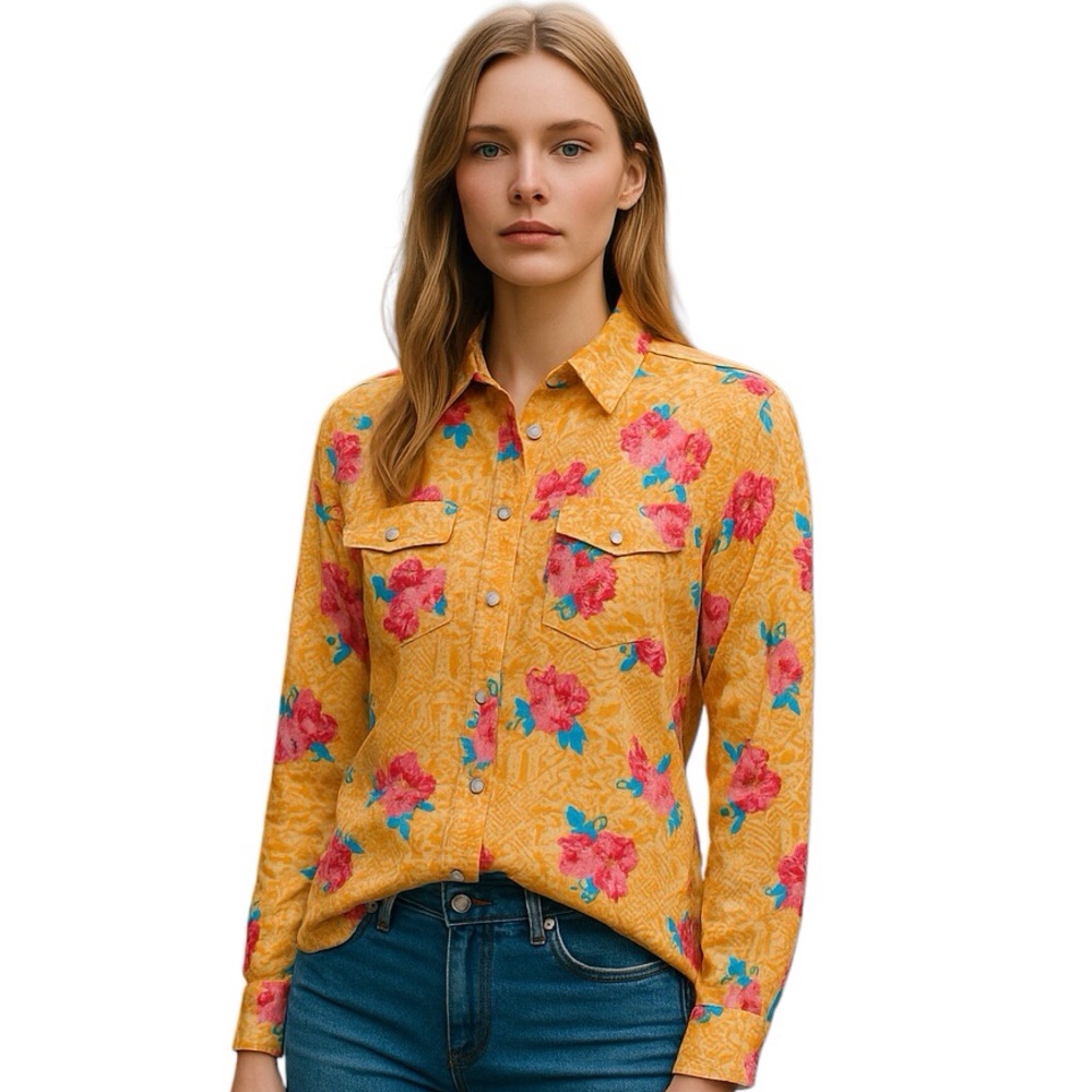 Roper Large (LG) Blouse Western Wearability Pink Yellow Snap Front Floral